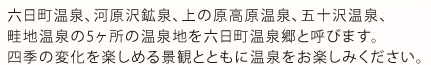 六日町温泉、河原沢鉱泉、上の原高原温泉。五十沢温泉、畦地温泉の5ヶ所の温泉地を六日町温泉郷と呼びます。四季の変化を楽しめる景観とともに温泉をお楽しみください。