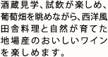 酒蔵見学、試飲が楽しめ、葡萄畑を眺めながら、西洋風田舎料理と自然が育てた地場産のおいしいワインを楽しめます。