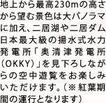 地上から最高230mの高さから望む景色は大パノラマに加え、二居湖や二居ダム、日本最大級の揚水式水力発電所「奥清津発電所（OKKY）」を見下ろしながらの空中遊覧をお楽しみいただけます。（※紅葉期間の運行となります）