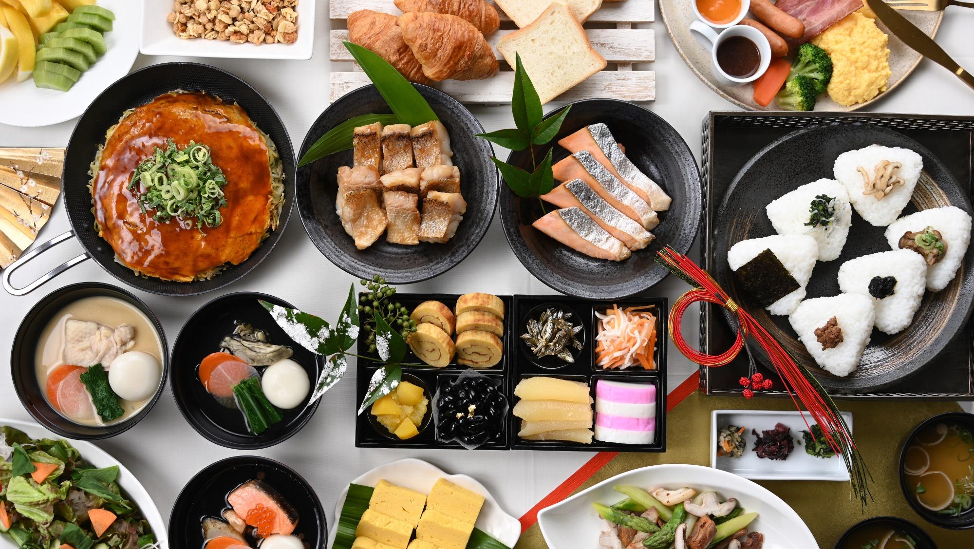 ご朝食2回分付き。1月1日のご朝食はNew Year 朝食ブッフェをお楽しみください。（New Year 朝食ブッフェイメージ）