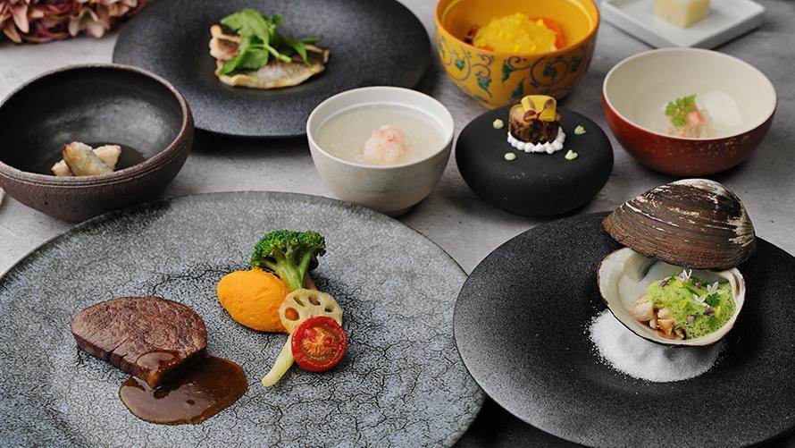 2026年2月メニューは、聖護院かぶのすり流し　海老つみれ、クロムツの西京味噌焼き、黒毛和牛炭焼きなど旬の食材を和と洋の味と盛り付けで魅せるハイブリットフレンチディナーです。