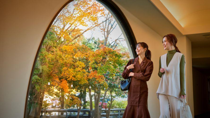 紅葉をホテル廊下から眺めている。