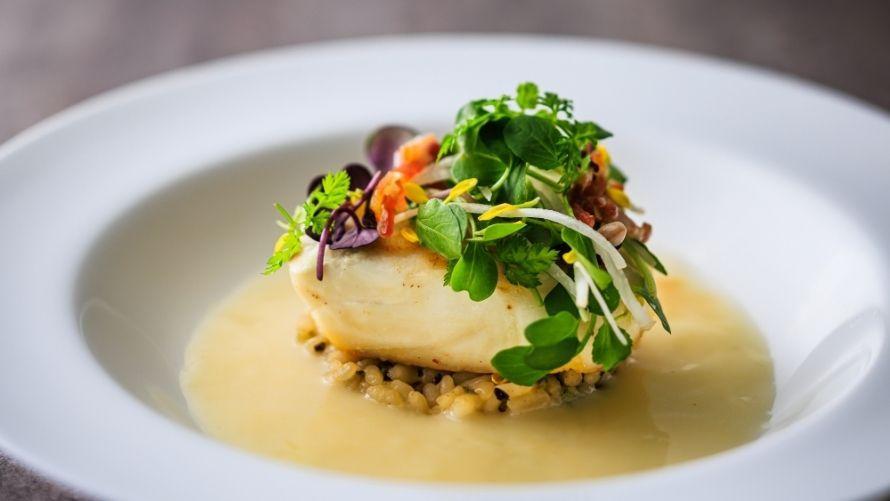 白身魚に蕪とベーコンのサラダ 海藻の白ワインリゾットとほんのり柚子の香るナージュソース