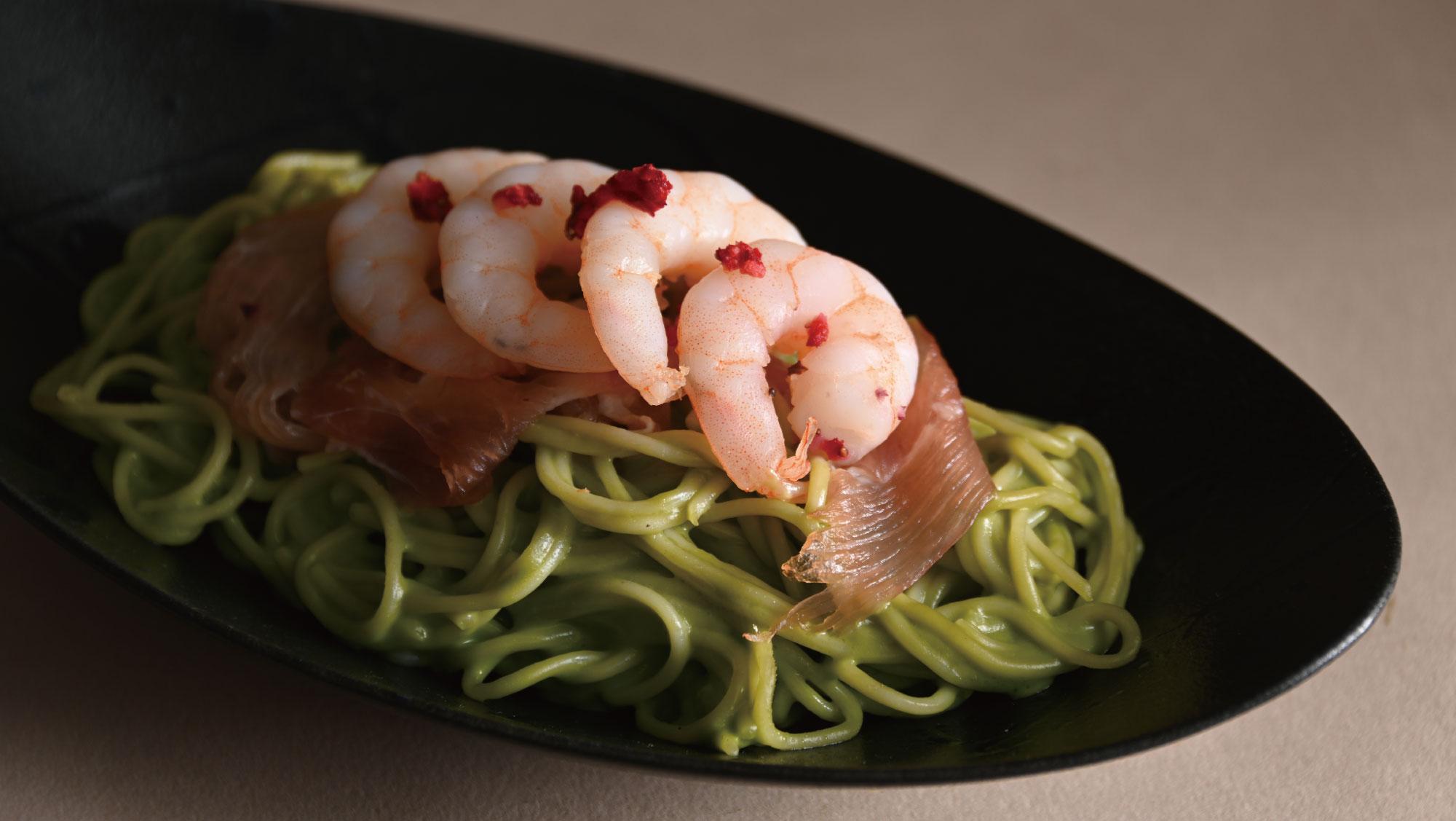 海老と生ハムの抹茶クリームパスタ