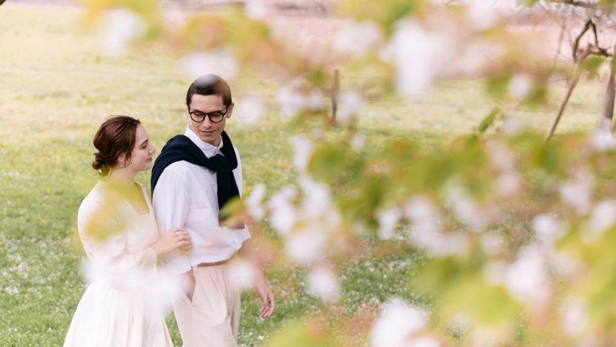 桜の下を歩く男女