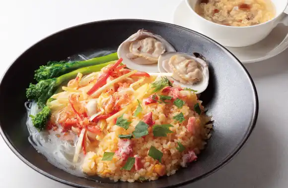蛤と菜の花の塩味あんかけ炒飯 桜海老風味
