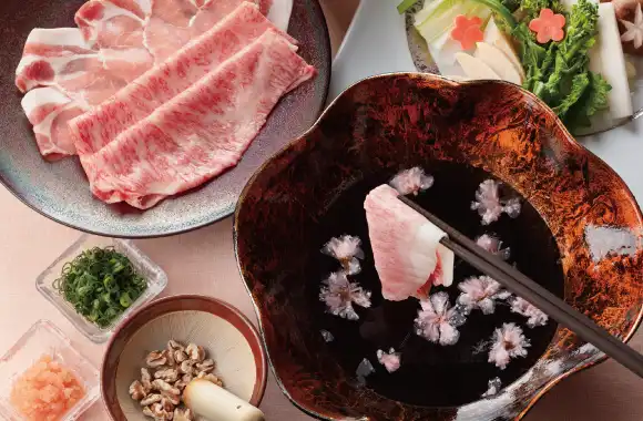 春野菜と信州プレミアム牛肉･信州米豚ロースのしゃぶしゃぶ 〜桜の香り〜