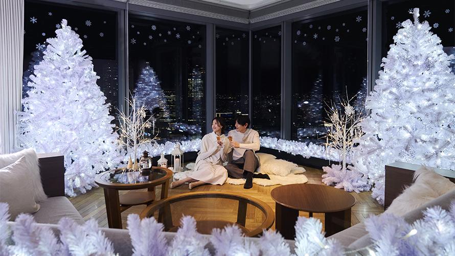 （夜）白銀の客室でカップルがシャンパンを片手に夜景を楽しむ様子