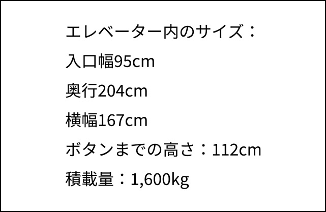 エレベーター内のサイズ　入口幅95センチメートル　奥行204センチメートル　横幅167センチメートル　ボタンまでの高さ112センチメートル　積載量1,600キログラム