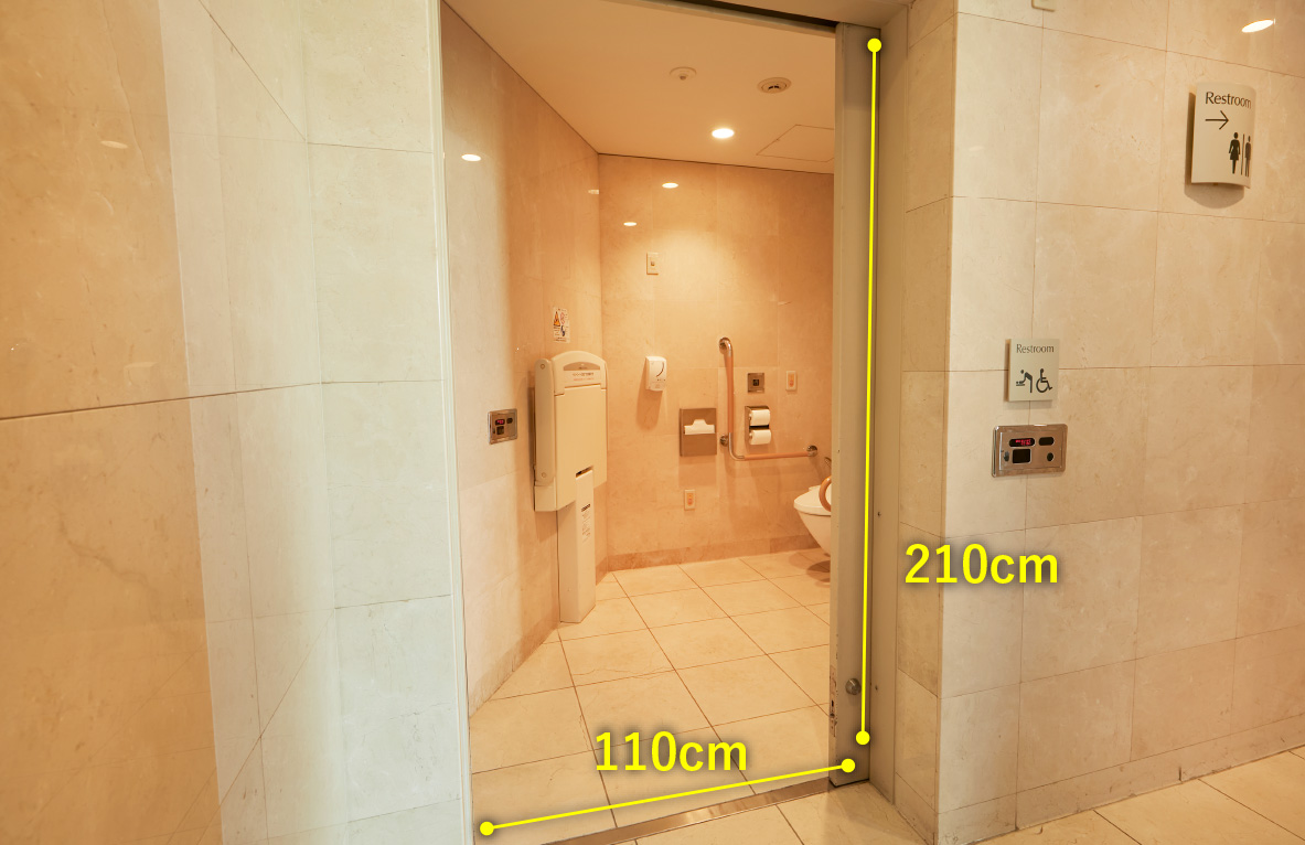 1階車椅子対応トイレ　入口幅110センチメートル　入口高さ210センチメートル