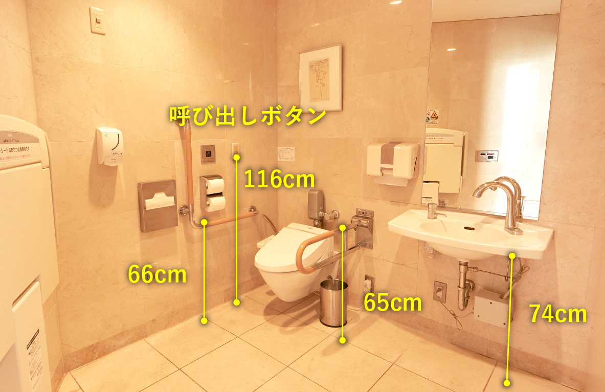 1階車椅子対応トイレ　呼び出しボタンの高さ116センチメートル　トイレ左側手すりの高さ66センチメートル　トイレ右側手すりの高さ65センチメートル　手洗い場の高さ74センチメートル