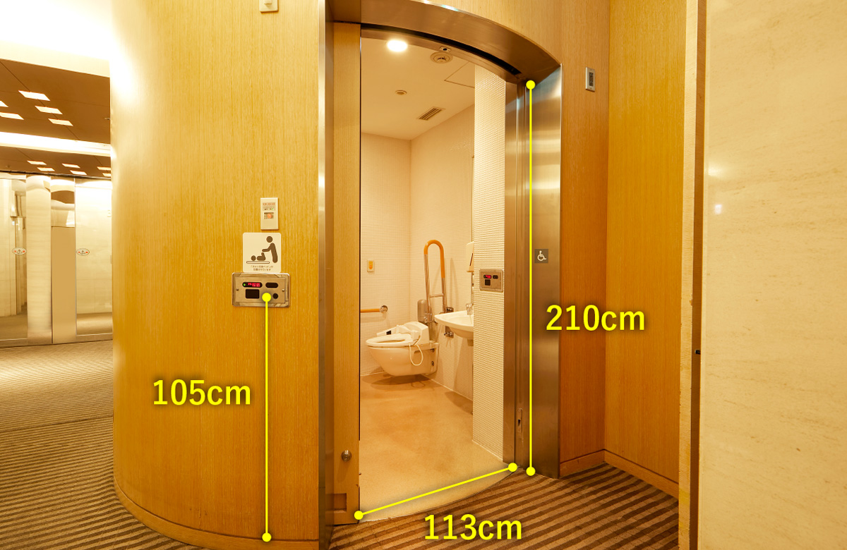 33階車椅子対応トイレ　入口幅113センチメートル　入口高さ210センチメートル　開閉ボタンの高さ105センチメートル