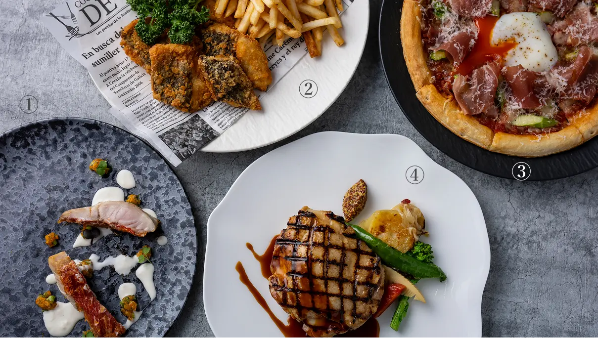 ①九州産 鮮魚 シェフの閃きで ②九州産 白身魚フィッシュ＆チップス ③和牛生ハムとアスパラガスのピザ ④「はかた地どり」のグリル べルシーソース