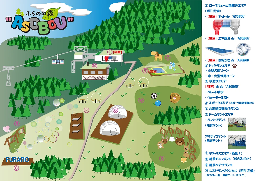 ふらのの森 ASOBOU のエリアマップ。ロープウェー山頂駅舎エリア、ドッグランエリア、水遊びエリア、スポーツエリア、ドームテントエリア、リラックスエリア、レストランダウンヒルなどの配置図