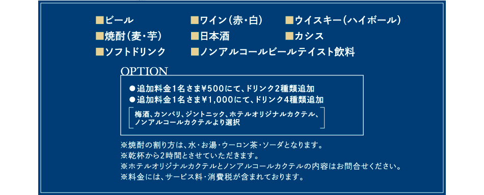 ■ビール		■ワイン（赤・白）	■ウイスキー（ハイボール） ■焼酎（麦・芋）	■日本酒	■カシス　■ソフトドリンク	　■ノンアルコールビールテイスト飲料
