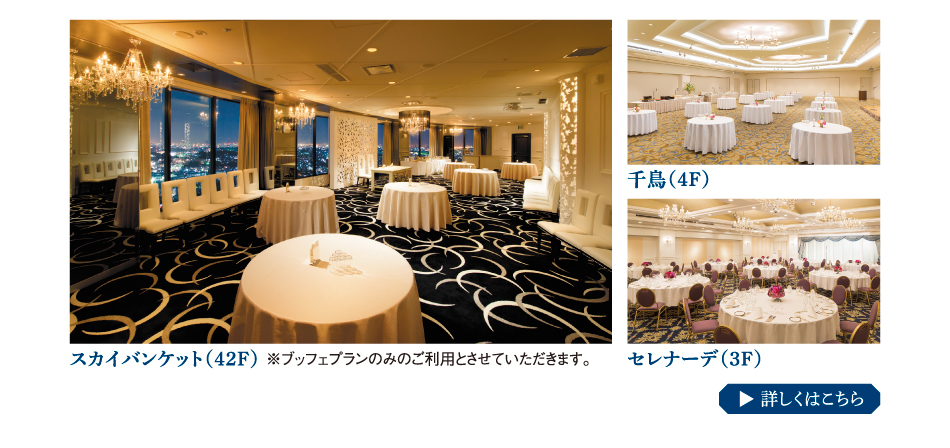 千鳥（4F）/セレナーデ（3F）/スカイバンケット（42F） ※ブッフェプランのみのご利用とさせていただきます。