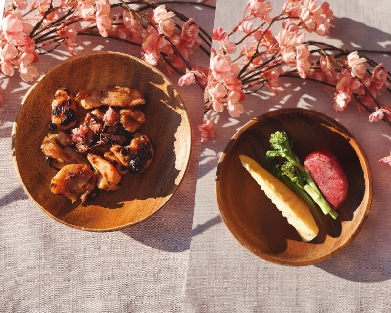 桜花塩漬けの鶏もも肉（100g）＋春野菜のグリル