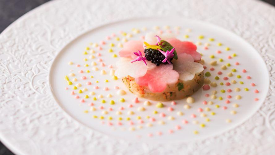 桜の形にカットした野菜と春らしいソースの前菜