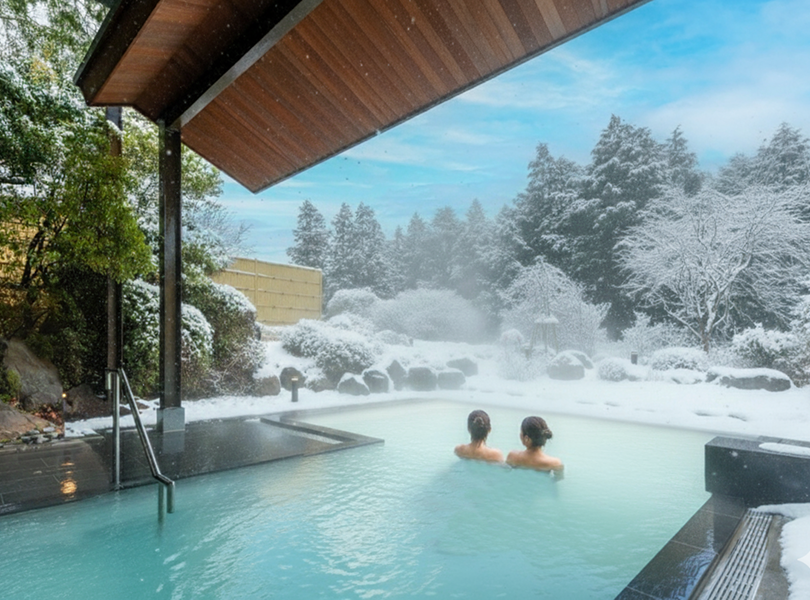 雪景色を眺め、にごり湯に浸る